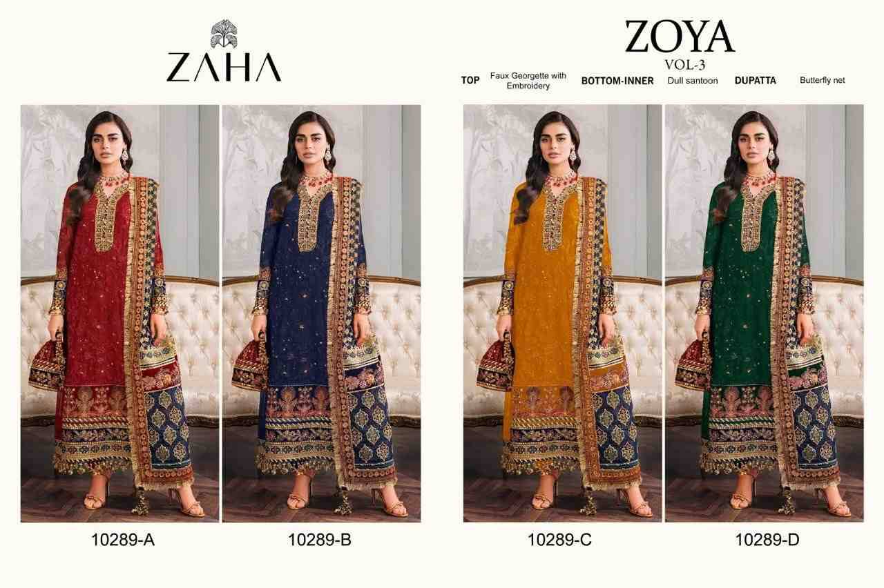 Zoya Vol-3 By Zaha 10289-A To 10289-D Series Designer Pakistani Suits Beautiful Stylish Fancy Colorful Party Wear & Occasional Wear Faux Georgette Embroidered Dresses At Wholesale Price