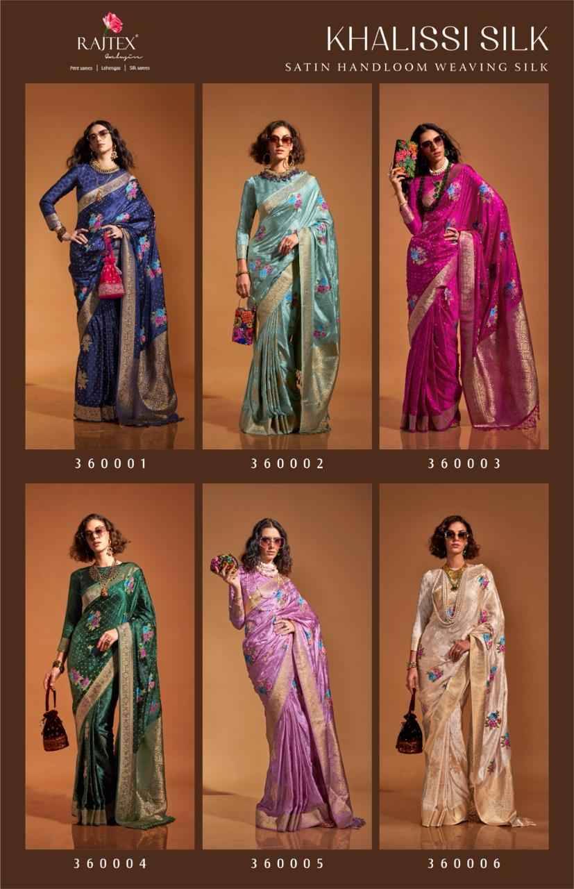 Khalissi Silk By Raj Tex 360001 To 360006 Series Indian Traditional Wear Collection Beautiful Stylish Fancy Colorful Party Wear & Occasional Wear Pure Satin Sarees At Wholesale Price