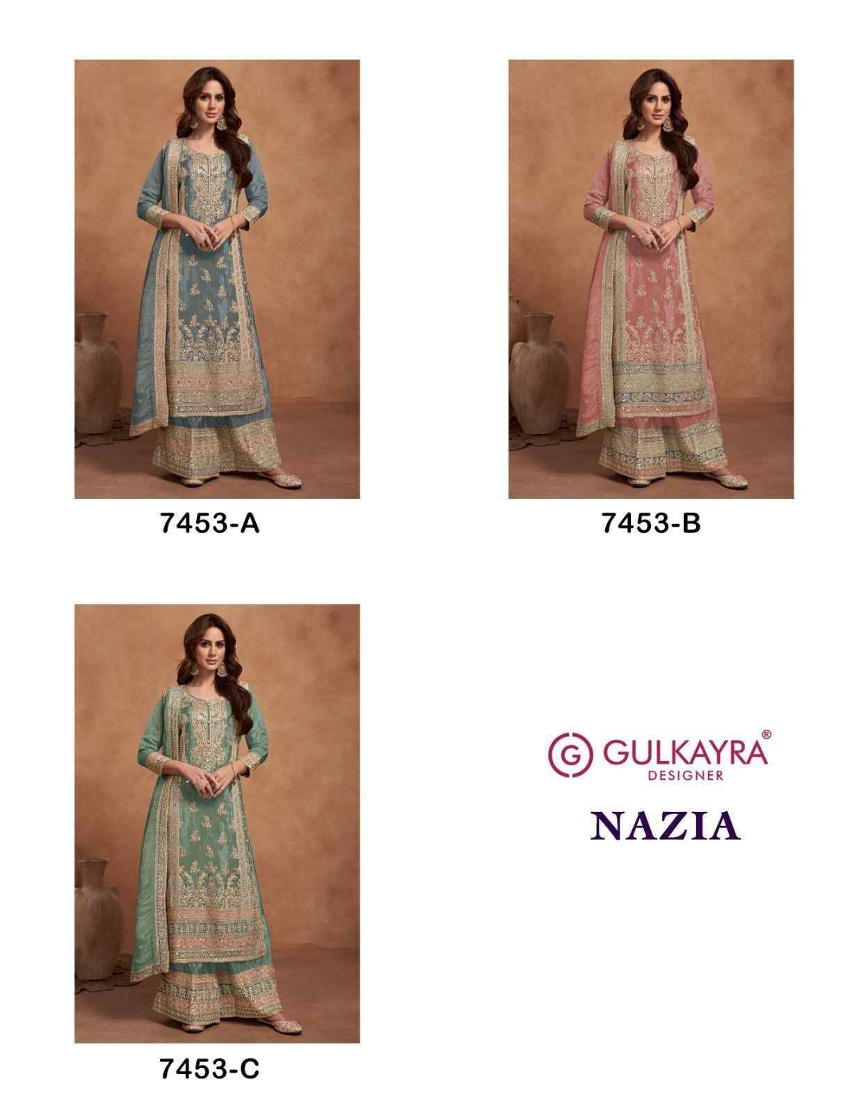 Nazia By Gulkayra Designer 7453-A To 7453-C Series Beautiful Sharara Suits Colorful Stylish Fancy Casual Wear & Ethnic Wear Silk Embroidery Dresses At Wholesale Price