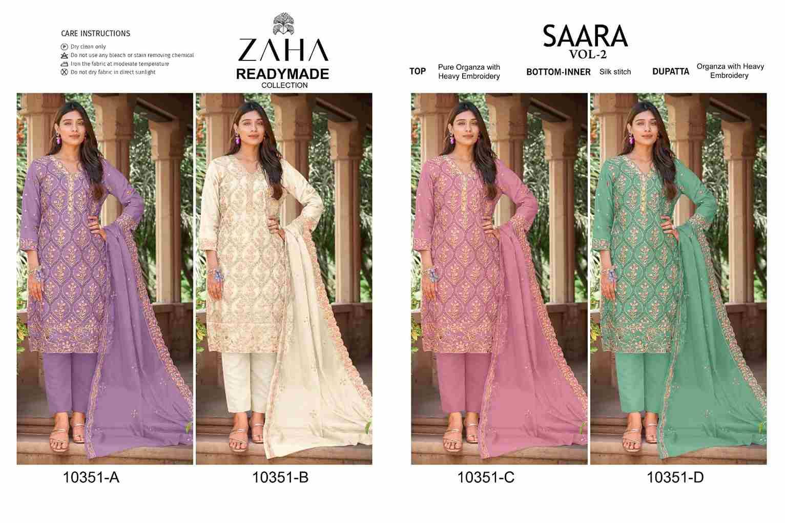 Saara Vol-2 By Zaha 10351-A To 10351-D Series Beautiful Pakistani Suits Colorful Stylish Fancy Casual Wear & Ethnic Wear Organza Dresses At Wholesale Price