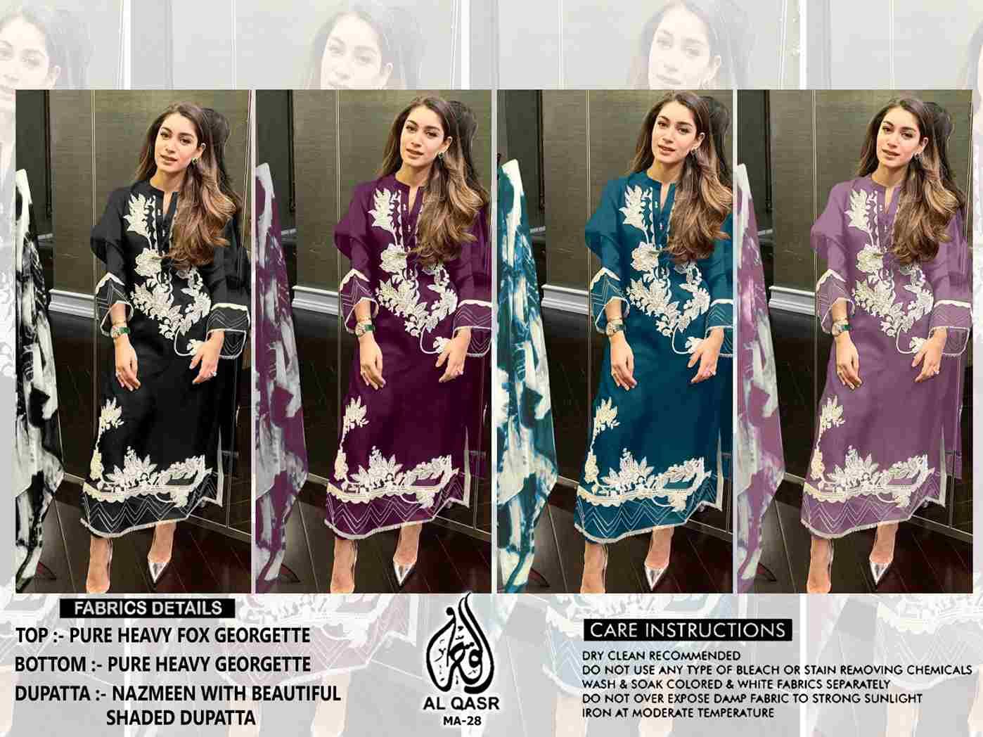 MA-28 COLOURS BY AL QASR 28-A TO 28-D SERIES BEAUTIFUL PAKISTANI SUITS COLORFUL STYLISH FANCY CASUAL WEAR & ETHNIC WEAR FAUX GEORGETTE DRESSES AT WHOLESALE PRICE