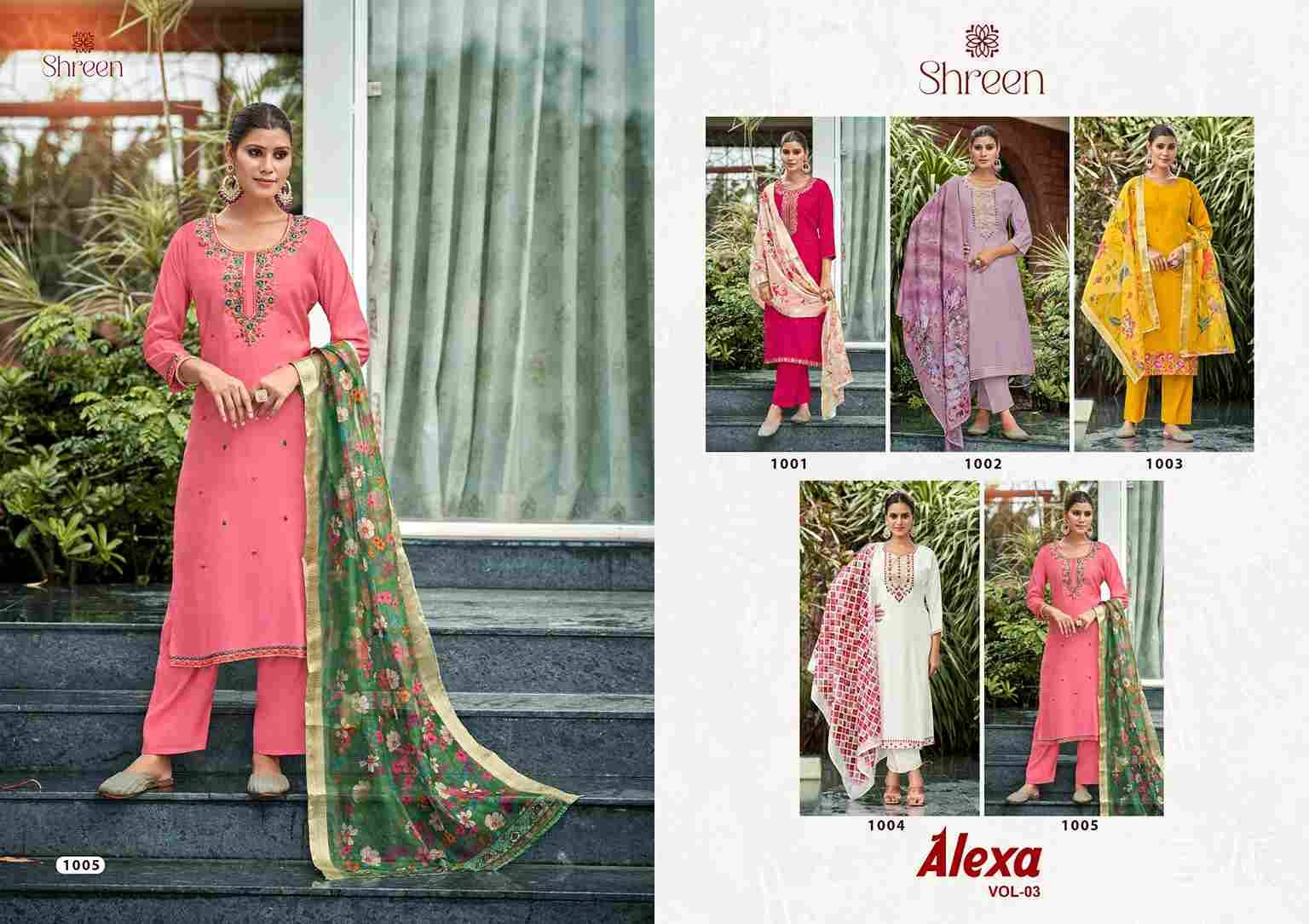 Alexa Vol-3 By Shreen 1001 To 1005 Series Beautiful Festive Suits Colorful Stylish Fancy Casual Wear & Ethnic Wear Roman Silk Dresses At Wholesale Price