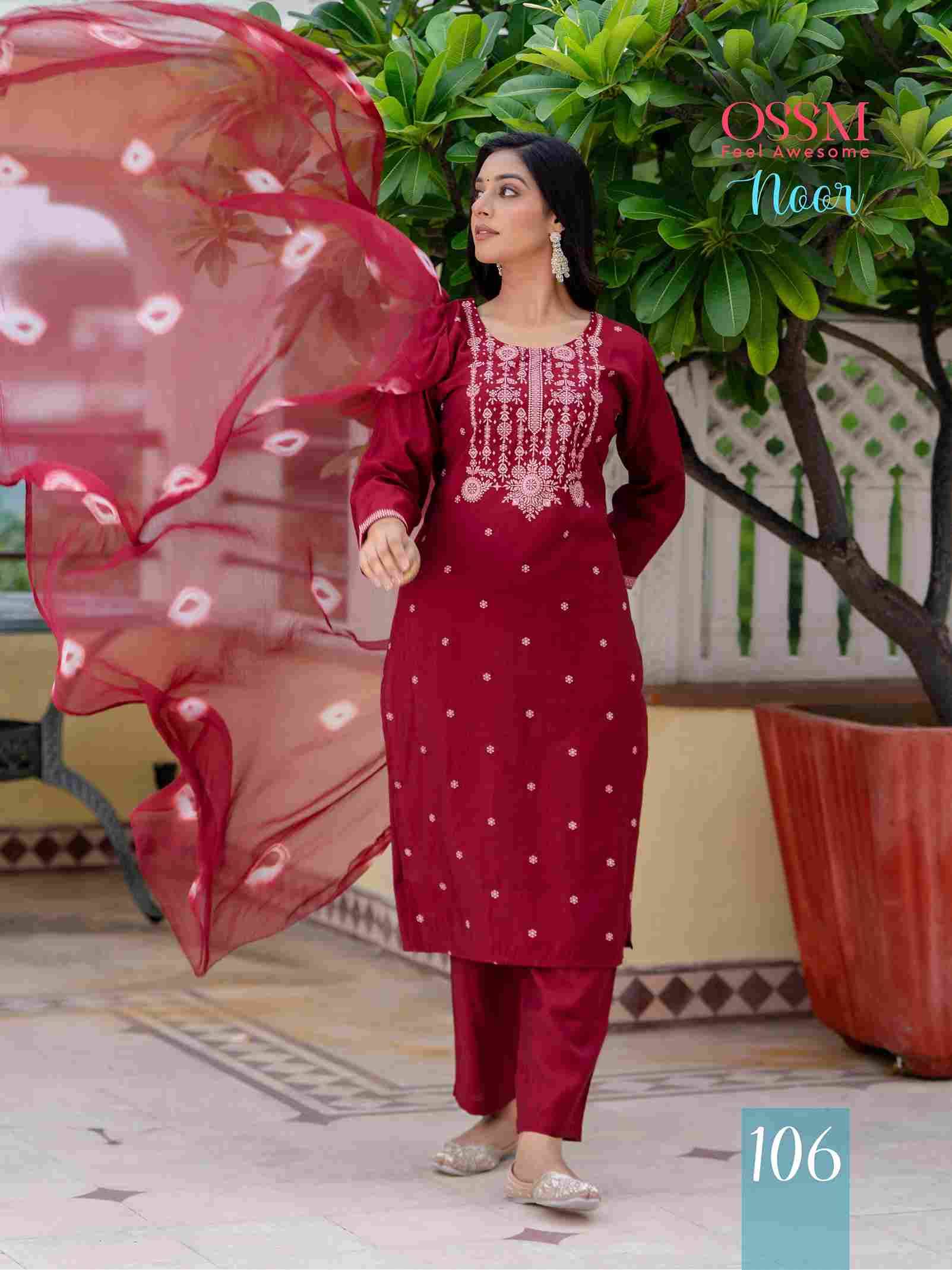 Noor By Ossm 101 To 106 Series Beautiful Festive Suits Colorful Stylish Fancy Casual Wear & Ethnic Wear Viscose Silk Dresses At Wholesale Price