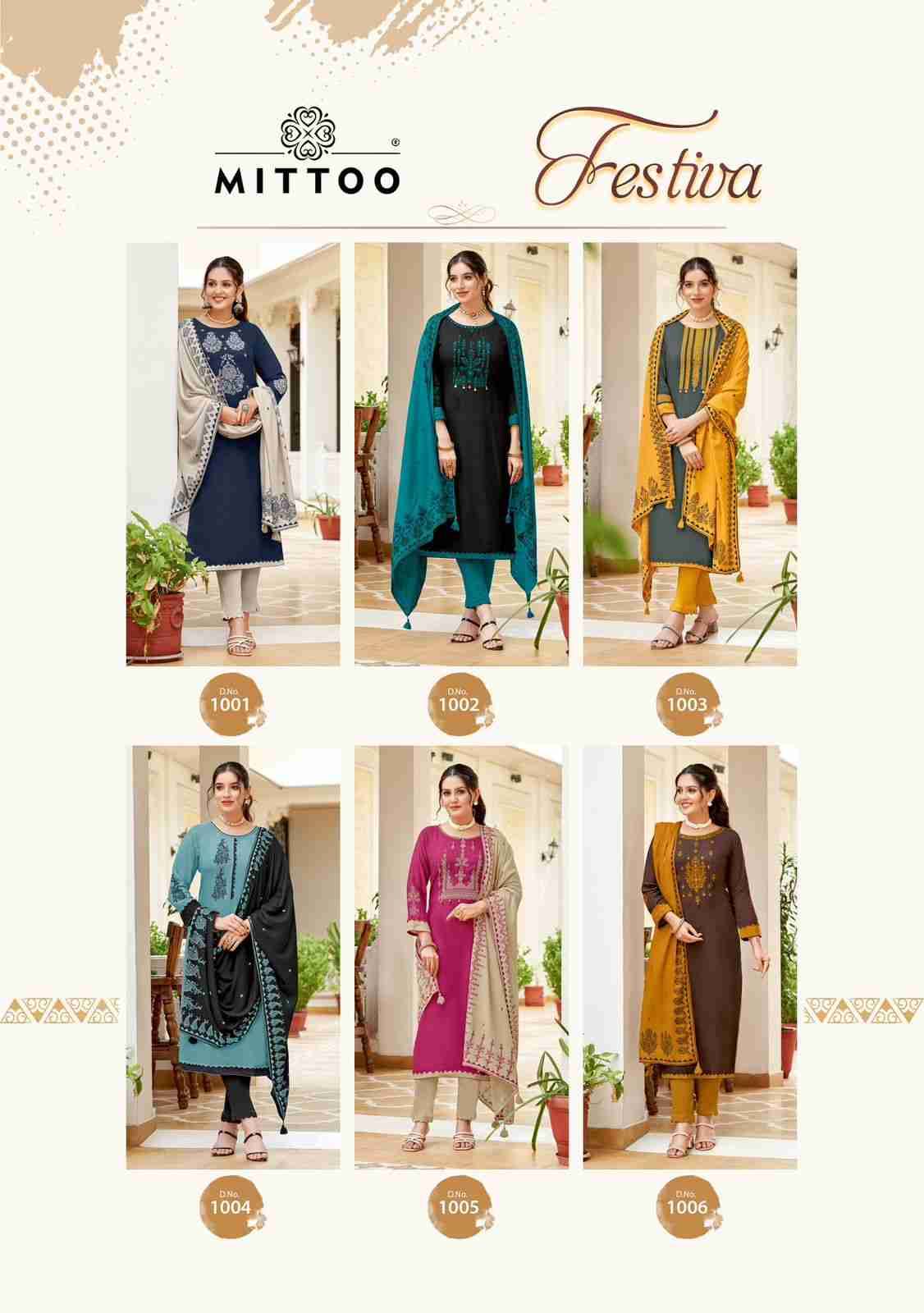 Festiva By Mittoo 1001 To 1006 Series Beautiful Festive Suits Colorful Stylish Fancy Casual Wear & Ethnic Wear Rayon Print Dresses At Wholesale Price