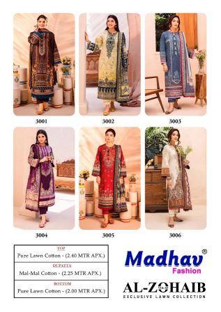 Al-Zohaib Vol-3 By Madhav Fashion 3001 To 3006 Series Beautiful Festive Suits Colorful Stylish Fancy Casual Wear & Ethnic Wear Pure Lawn Cotton Embroidered Dresses At Wholesale Price