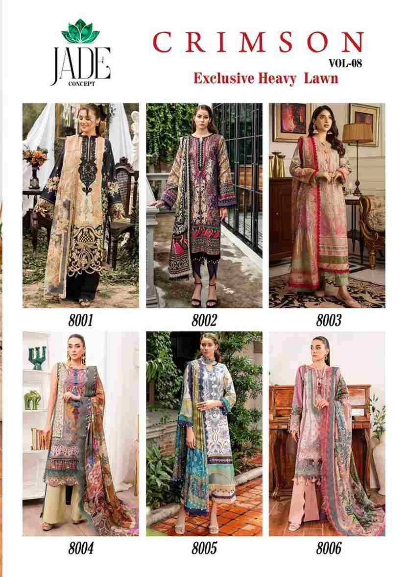 Crimson Vol-8 By Jade 8001 To 8006 Series Beautiful Festive Suits Colorful Stylish Fancy Casual Wear & Ethnic Wear Pure Lawn Cotton Embroidered Dresses At Wholesale Price