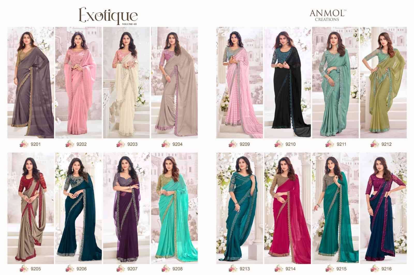 Exotique Vol-5 By Anmol Creation 9201 To 9216 Series Indian Traditional Wear Collection Beautiful Stylish Fancy Colorful Party Wear & Occasional Wear Georgette/Chiffon/Satin Silk Sarees At Wholesale Price