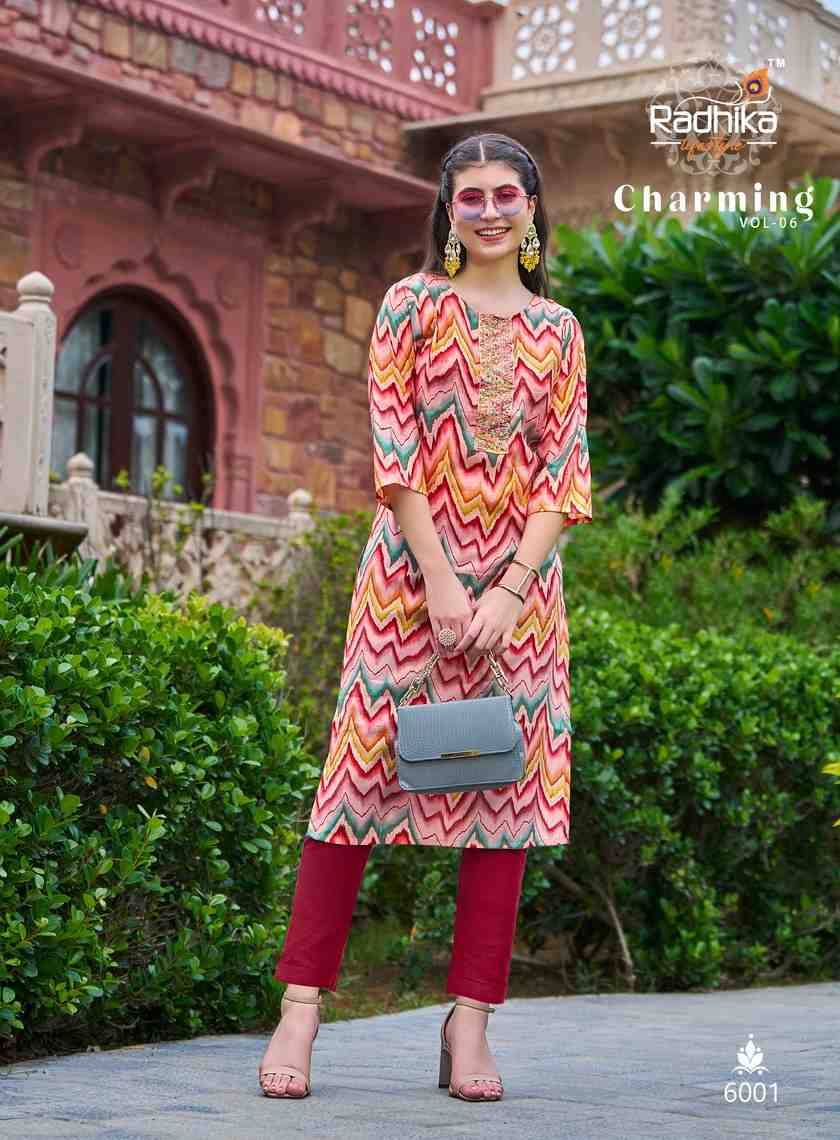 Charming Vol-6 By Radhika Lifestyle 6001 To 6006 Series Beautiful Stylish Fancy Colorful Casual Wear & Ethnic Wear Modal Chanderi Kurtis At Wholesale Price