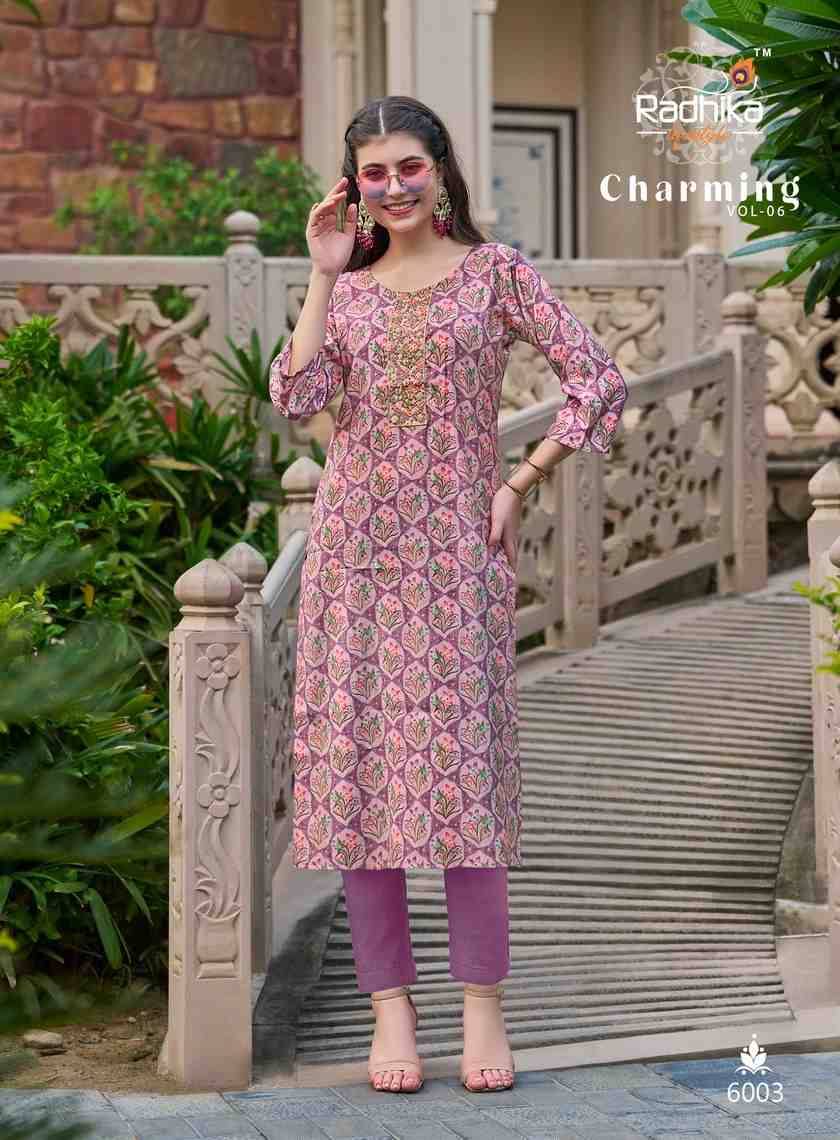 Charming Vol-6 By Radhika Lifestyle 6001 To 6006 Series Beautiful Stylish Fancy Colorful Casual Wear & Ethnic Wear Modal Chanderi Kurtis At Wholesale Price