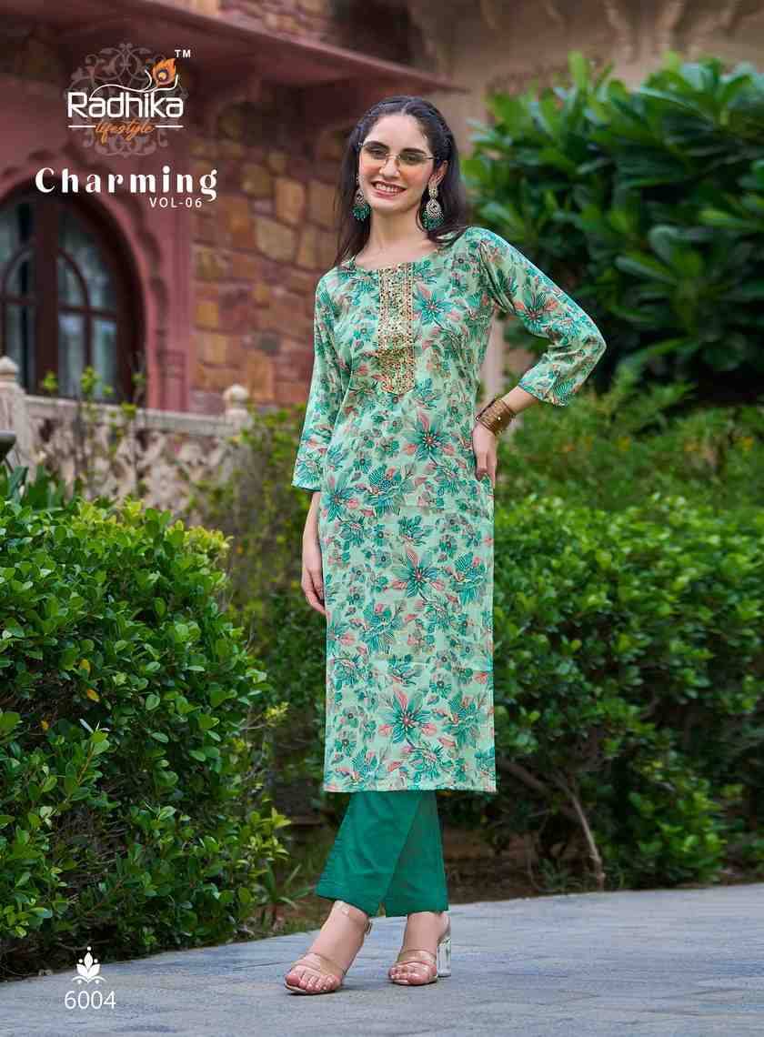 Charming Vol-6 By Radhika Lifestyle 6001 To 6006 Series Beautiful Stylish Fancy Colorful Casual Wear & Ethnic Wear Modal Chanderi Kurtis At Wholesale Price