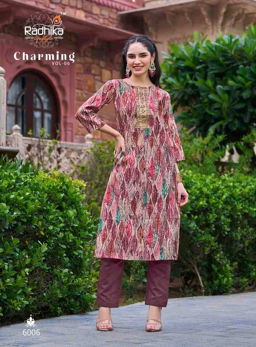 Charming Vol-6 By Radhika Lifestyle 6001 To 6006 Series Beautiful Stylish Fancy Colorful Casual Wear & Ethnic Wear Modal Chanderi Kurtis At Wholesale Price