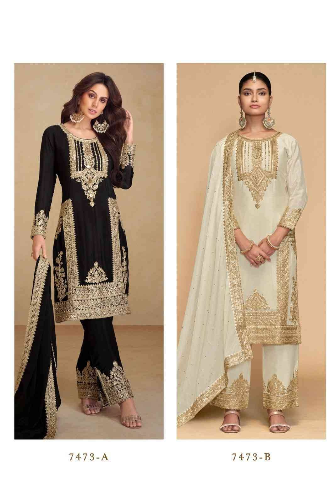 Apsara By Gulkayra Designer 7473-A To 7473-B Series Beautiful Festive Suits Colorful Stylish Fancy Casual Wear & Ethnic Wear Chinnon With Work Dresses At Wholesale Price