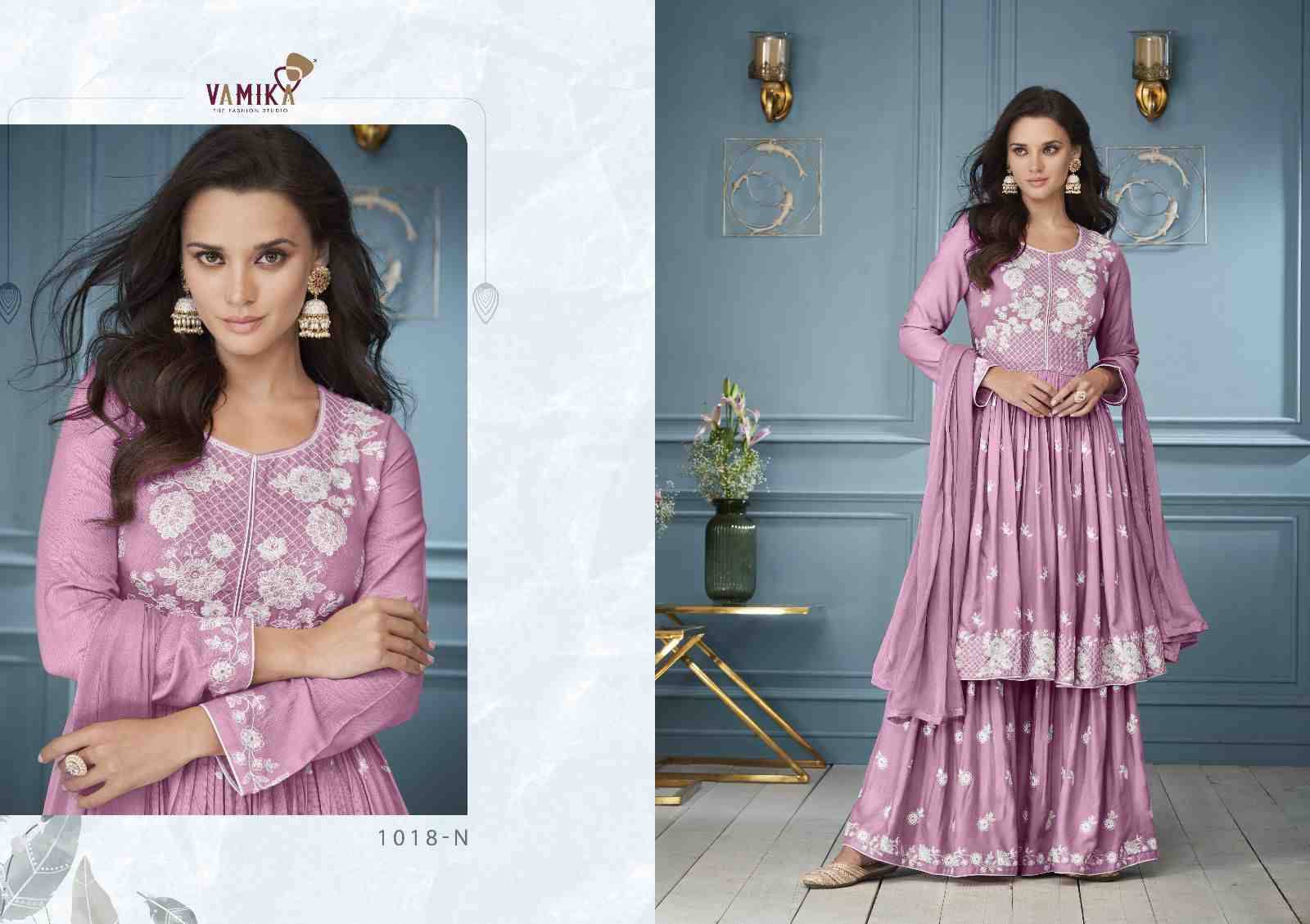 Lakhnavi Vol-3 Platinum By Vamika 1018-N To 1018-R Series Beautiful Stylish Sharara Suits Fancy Colorful Casual Wear & Ethnic Wear & Ready To Wear Pure Rayon Printed Dresses At Wholesale Price