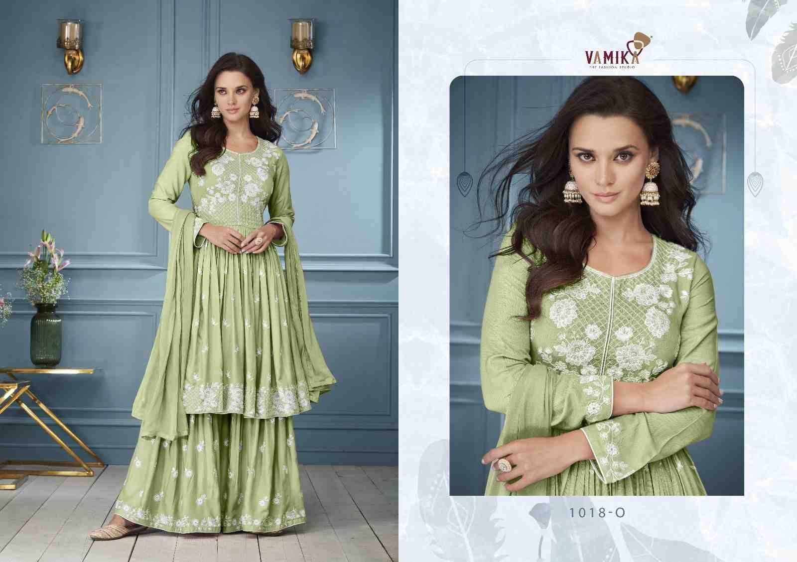 Lakhnavi Vol-3 Platinum By Vamika 1018-N To 1018-R Series Beautiful Stylish Sharara Suits Fancy Colorful Casual Wear & Ethnic Wear & Ready To Wear Pure Rayon Printed Dresses At Wholesale Price