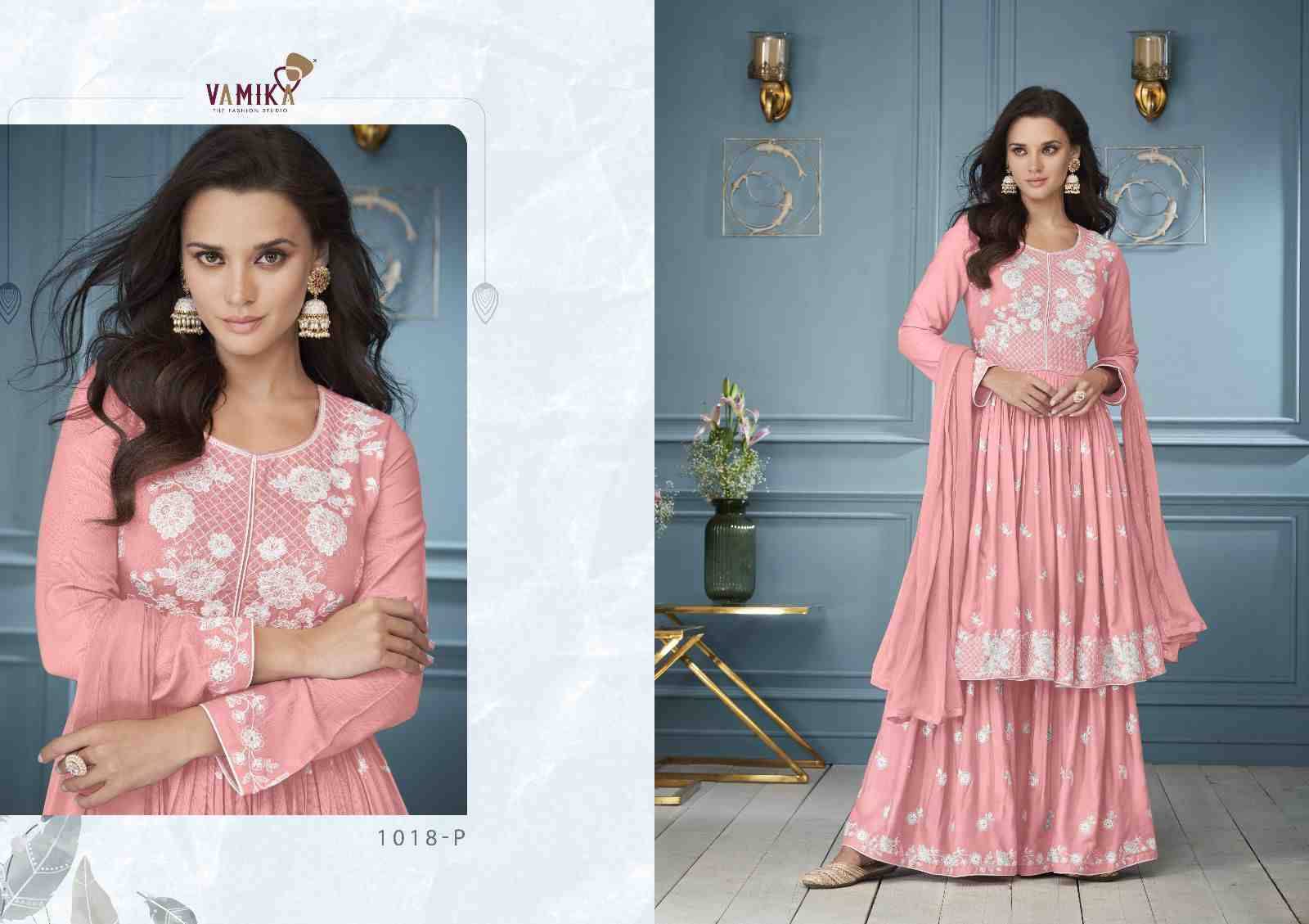 Lakhnavi Vol-3 Platinum By Vamika 1018-N To 1018-R Series Beautiful Stylish Sharara Suits Fancy Colorful Casual Wear & Ethnic Wear & Ready To Wear Pure Rayon Printed Dresses At Wholesale Price