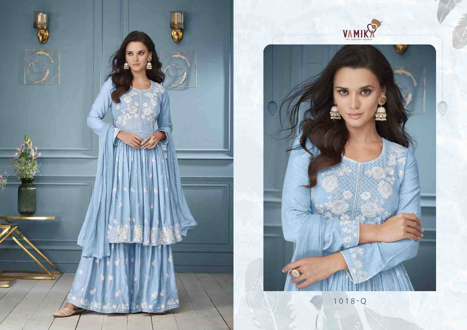 Lakhnavi Vol-3 Platinum By Vamika 1018-N To 1018-R Series Beautiful Stylish Sharara Suits Fancy Colorful Casual Wear & Ethnic Wear & Ready To Wear Pure Rayon Printed Dresses At Wholesale Price