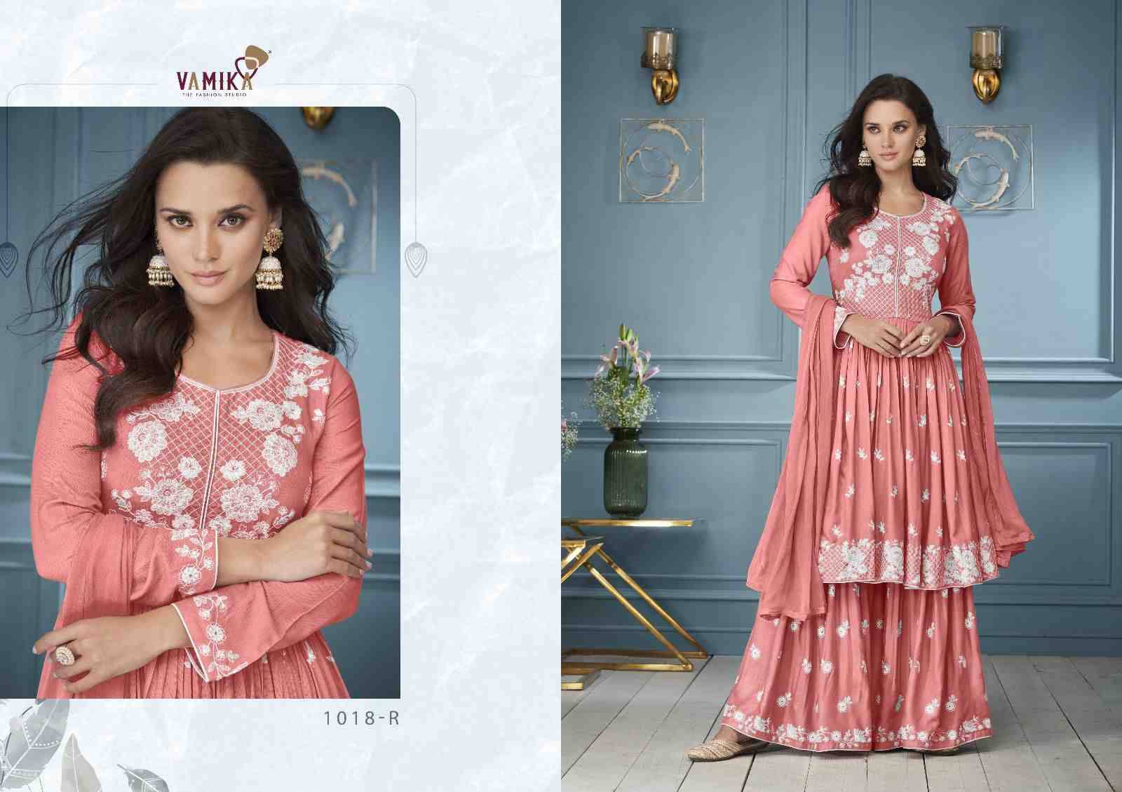 Lakhnavi Vol-3 Platinum By Vamika 1018-N To 1018-R Series Beautiful Stylish Sharara Suits Fancy Colorful Casual Wear & Ethnic Wear & Ready To Wear Pure Rayon Printed Dresses At Wholesale Price