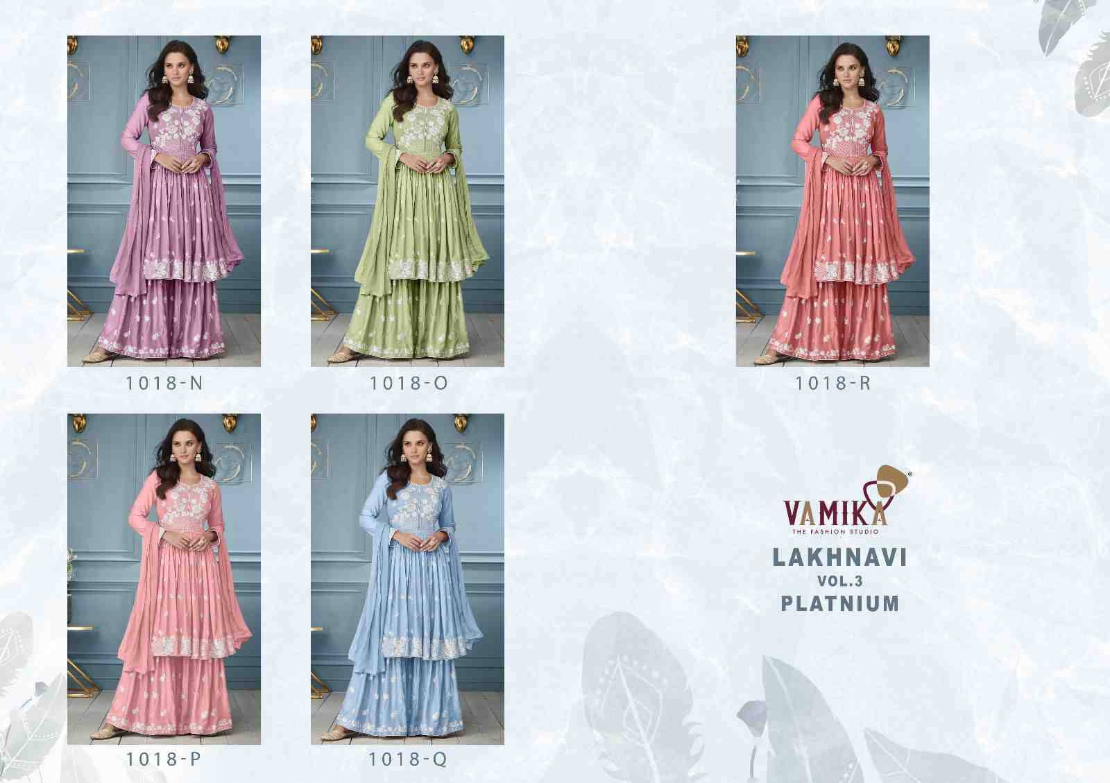 Lakhnavi Vol-3 Platinum By Vamika 1018-N To 1018-R Series Beautiful Stylish Sharara Suits Fancy Colorful Casual Wear & Ethnic Wear & Ready To Wear Pure Rayon Printed Dresses At Wholesale Price