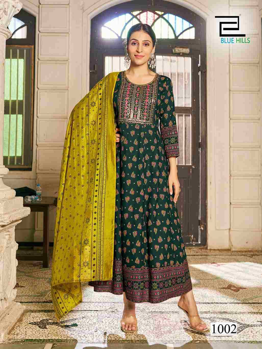 SENORITA SPECIAL BY BLUE HILLS 1001 TO 1008 SERIES BEAUTIFUL STYLISH FANCY COLORFUL CASUAL WEAR & ETHNIC WEAR RAYON FOIL GOWNS WITH DUPATTA AT WHOLESALE PRICE