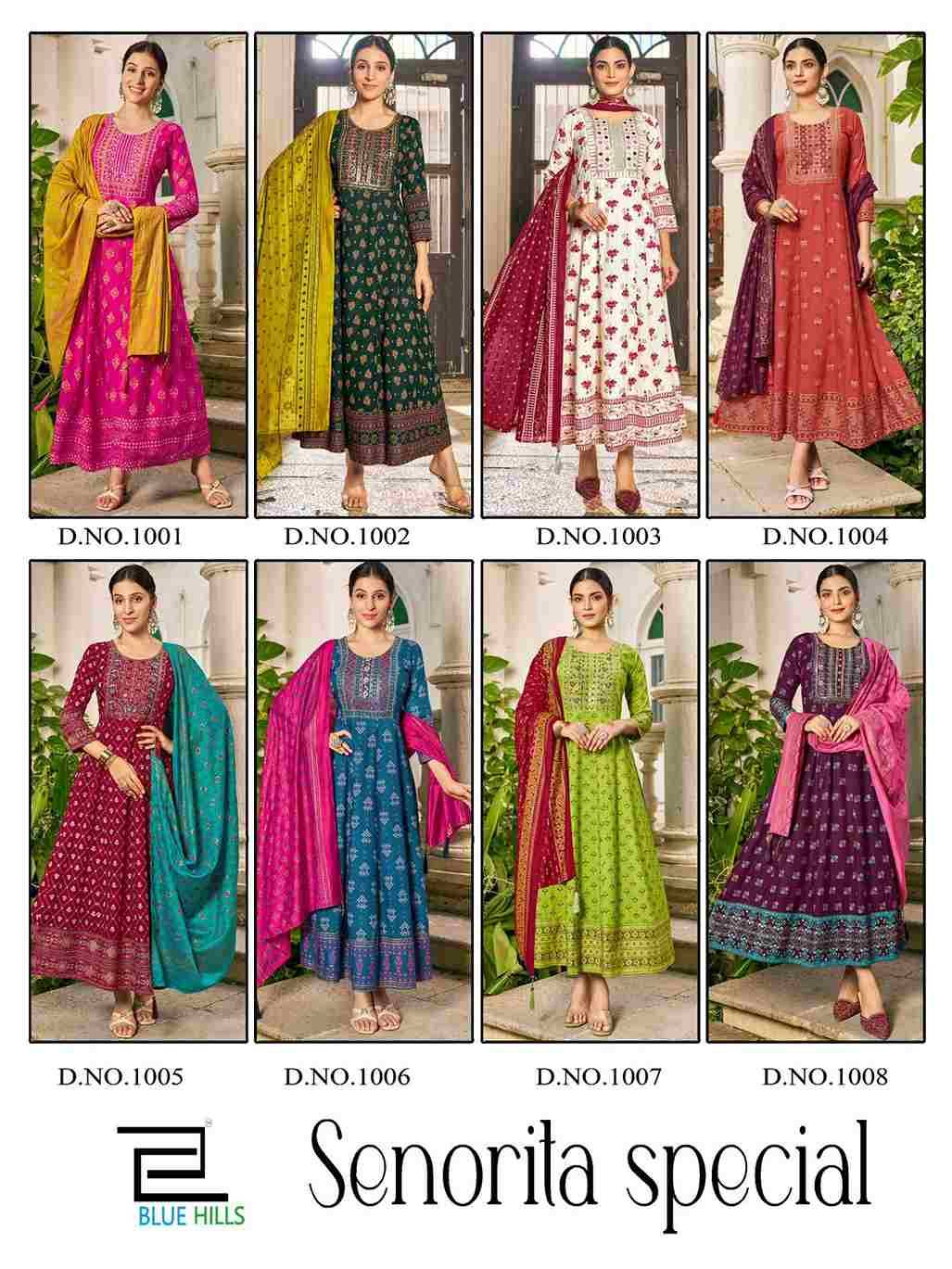 SENORITA SPECIAL BY BLUE HILLS 1001 TO 1008 SERIES BEAUTIFUL STYLISH FANCY COLORFUL CASUAL WEAR & ETHNIC WEAR RAYON FOIL GOWNS WITH DUPATTA AT WHOLESALE PRICE