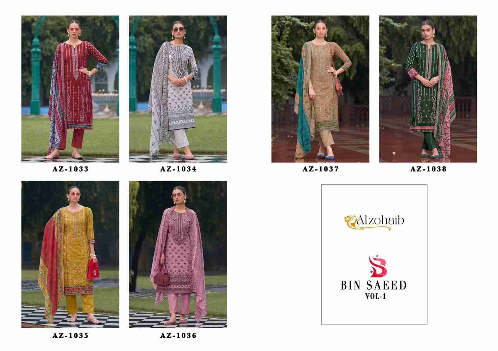 Bin Saeed Vol-1 By Alzohaib 1033 To 1038 Series Beautiful Pakistani Suits Colorful Stylish Fancy Casual Wear & Ethnic Wear Pure Cotton Embroidered Dresses At Wholesale Price