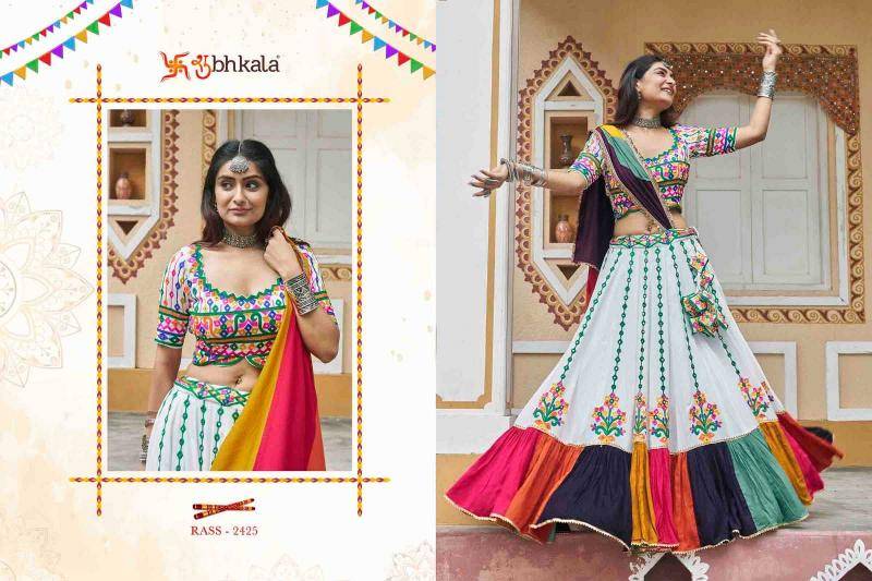 Raas Vol-13 By Shubhkala 2421 To 2426 Series Navratri Wear Collection Beautiful Stylish Colorful Fancy Party Wear & Occasional Wear Muslin Cotton/Viscose Rayon Lehengas At Wholesale Price