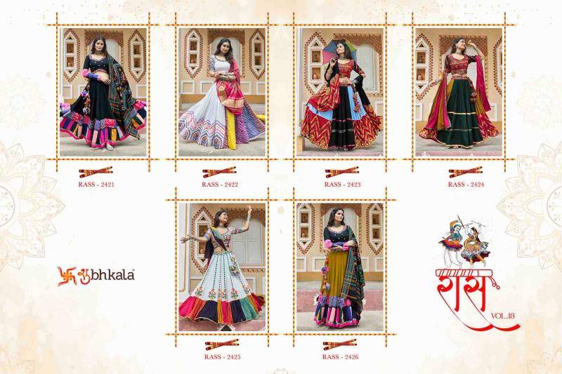 Raas Vol-13 By Shubhkala 2421 To 2426 Series Navratri Wear Collection Beautiful Stylish Colorful Fancy Party Wear & Occasional Wear Muslin Cotton/Viscose Rayon Lehengas At Wholesale Price