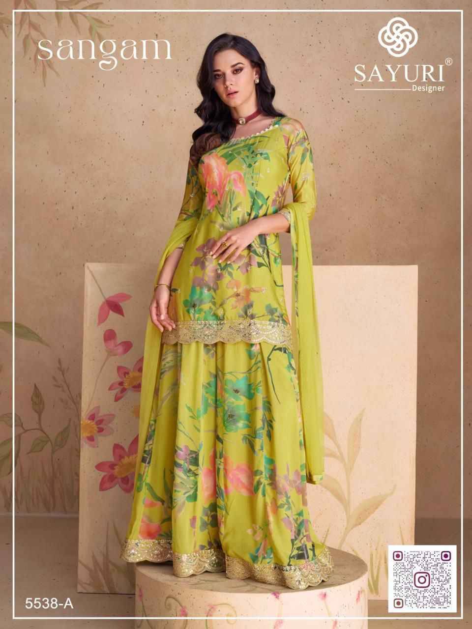 Sangam 5538 Colours By Sayuri 5538-A To 5538-D Series Beautiful Sharara Suits Colorful Stylish Fancy Casual Wear & Ethnic Wear Chinnon Embroidery Dresses At Wholesale Price