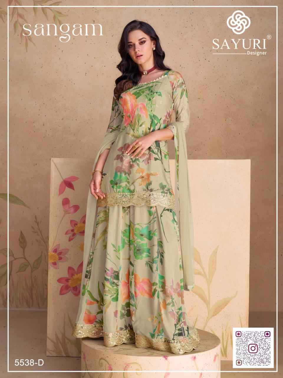 Sangam 5538 Colours By Sayuri 5538-A To 5538-D Series Beautiful Sharara Suits Colorful Stylish Fancy Casual Wear & Ethnic Wear Chinnon Embroidery Dresses At Wholesale Price