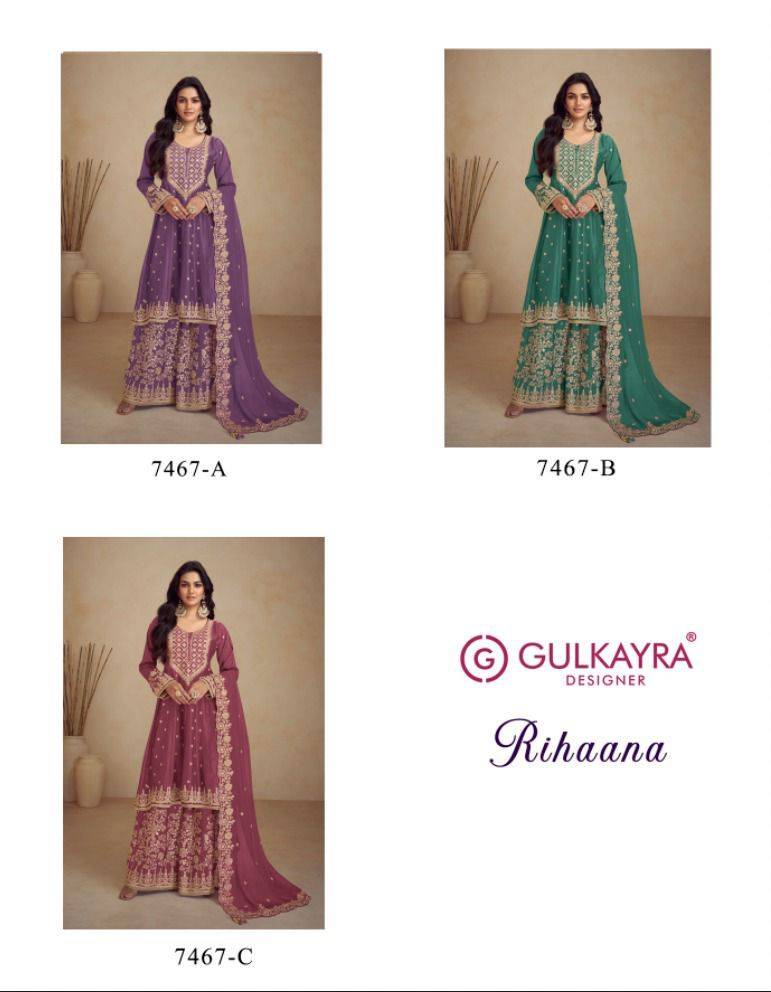 Rihaana By Gulkayra Designer 7467-A To 7467-C Series Designer Sharara Suits Collection Beautiful Stylish Fancy Colorful Party Wear & Occasional Wear Chinnon Dresses At Wholesale Price