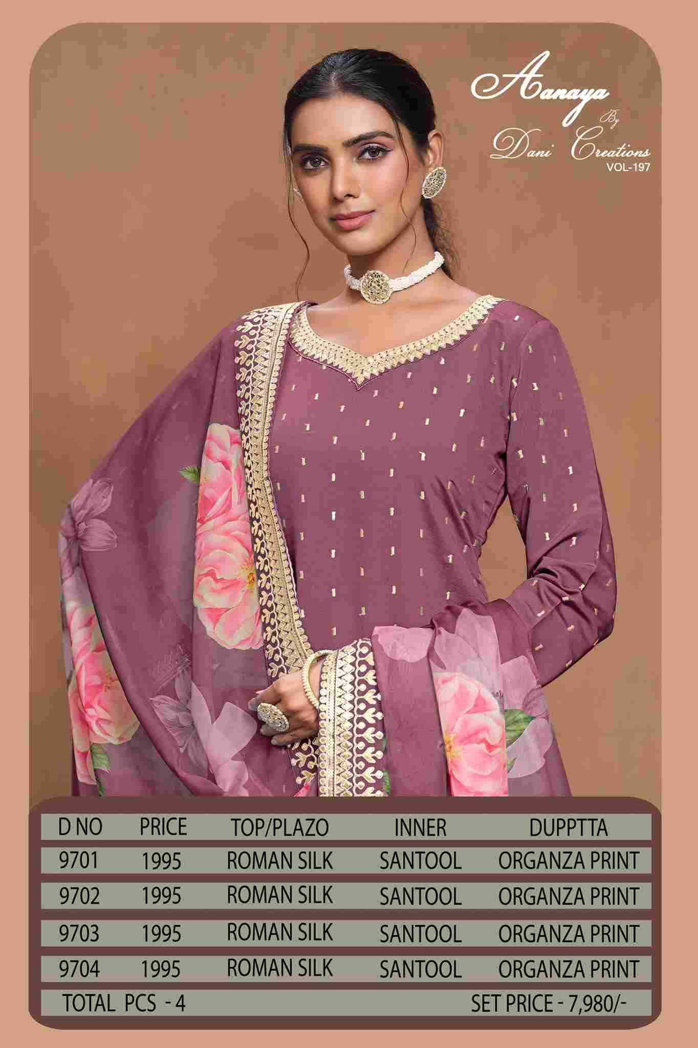 Aanaya Vol-197 By Twisha 9701 To 9704 Series Beautiful Sharara Suits Colorful Stylish Fancy Casual Wear & Ethnic Wear Roman Silk Dresses At Wholesale Price