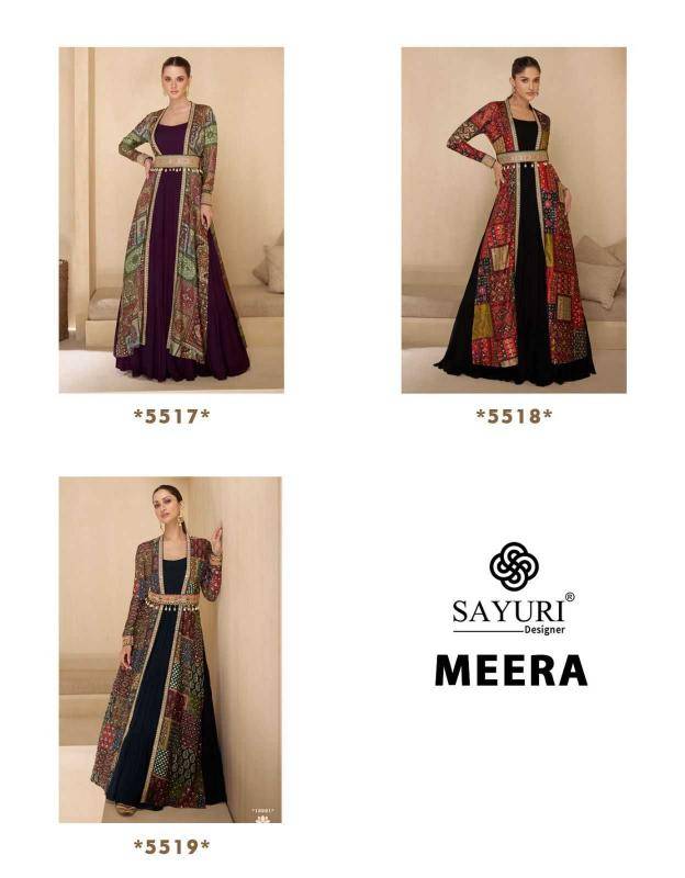 Meera By Sayuri 5517 To 5519 Series Beautiful Stylish Fancy Colorful Casual Wear & Ethnic Wear Georgette Gowns With Shrug At Wholesale Price