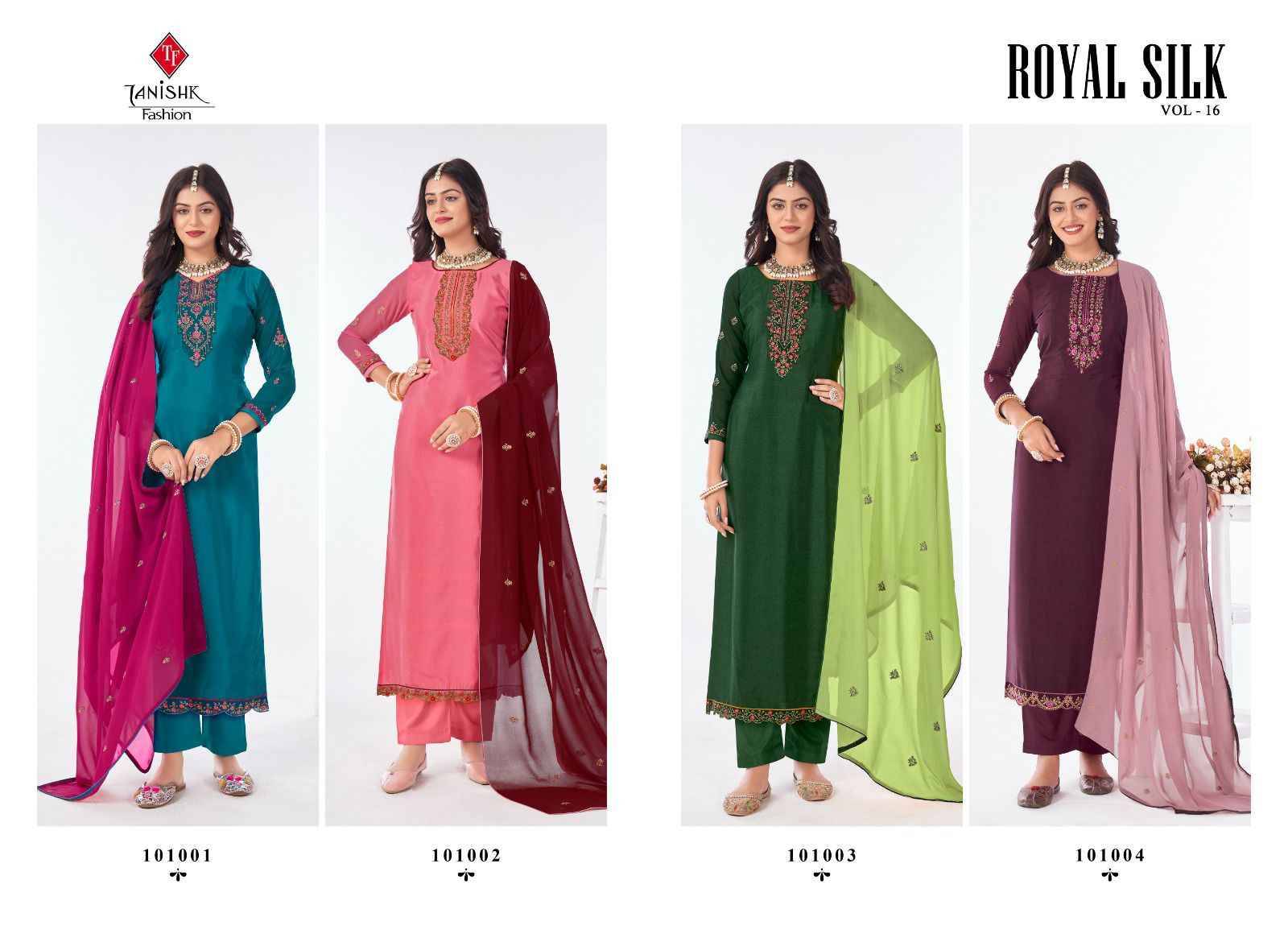 Royal Silk Vol-16 By Tanishk Fashion 101001 To 101004 Series Beautiful Suits Stylish Fancy Colorful Casual Wear & Ethnic Wear Collection Pure French Jacquard Embroidered Dresses At Wholesale Price