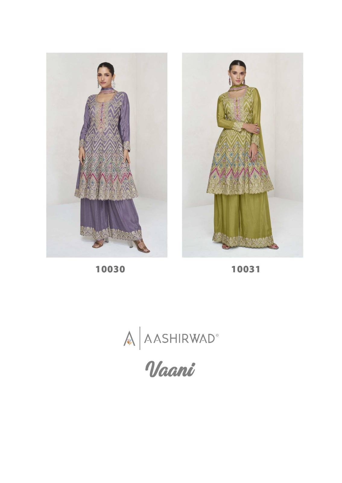 Vaani By Aashirwad Creation 10030 To 10031 Series Beautiful Sharara Suits Colorful Stylish Fancy Casual Wear & Ethnic Wear Chinnon Silk Dresses At Wholesale Price