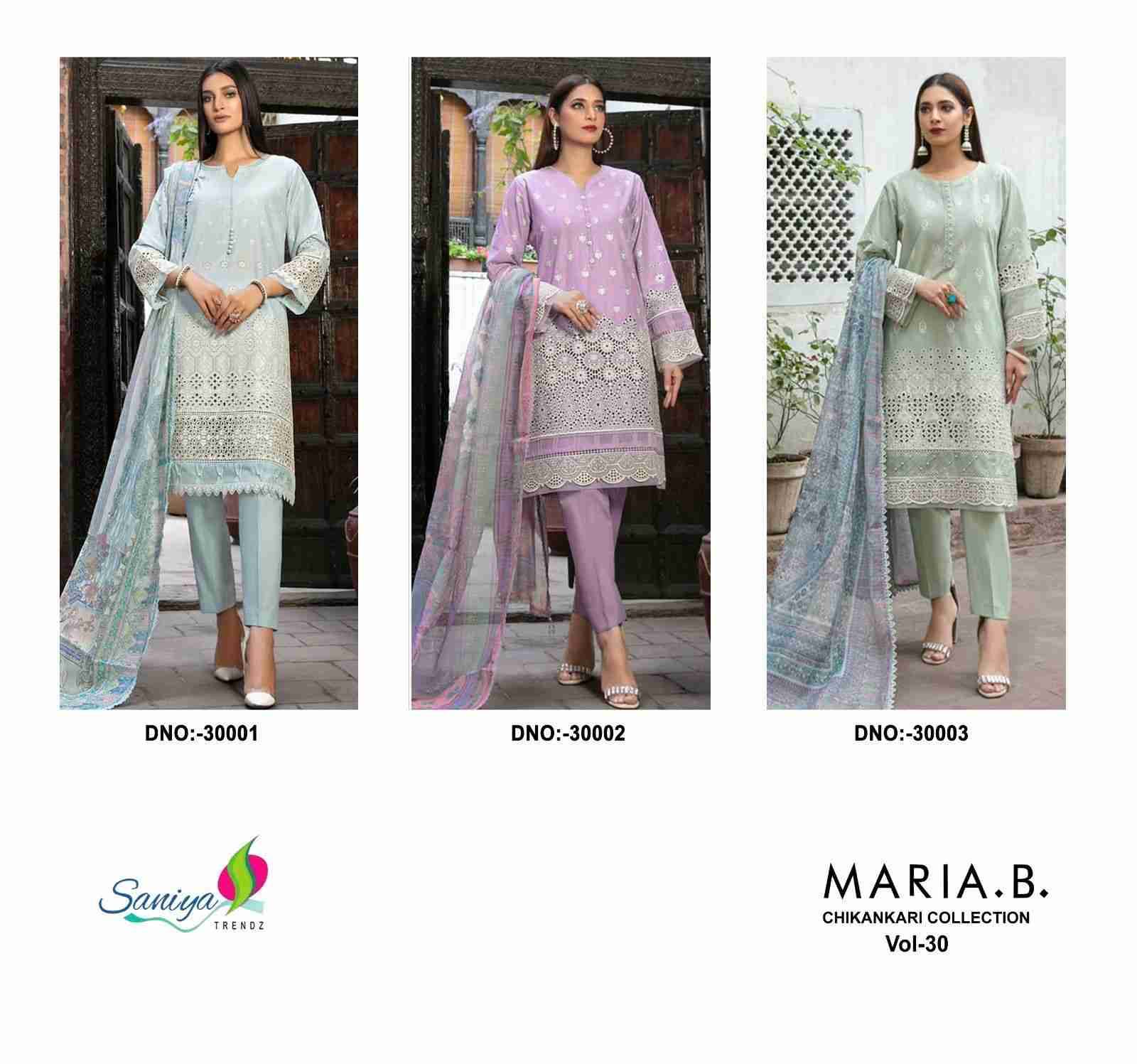 Maria.B. Chikankari Collection Vol-30 By Saniya Trendz 30001 To 30003 Series Beautiful Pakistani Suits Colorful Stylish Fancy Casual Wear & Ethnic Wear Cotton Embroidered Dresses At Wholesale Price