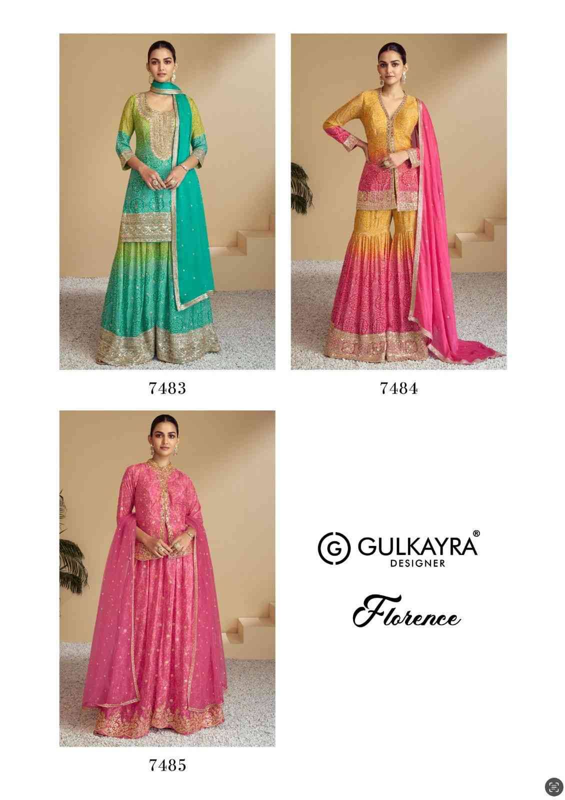 Florence By Gulkayra Designer 7483 To 7485 Series Beautiful Sharara Suits Colorful Stylish Fancy Casual Wear & Ethnic Wear Chinnon Dresses At Wholesale Price