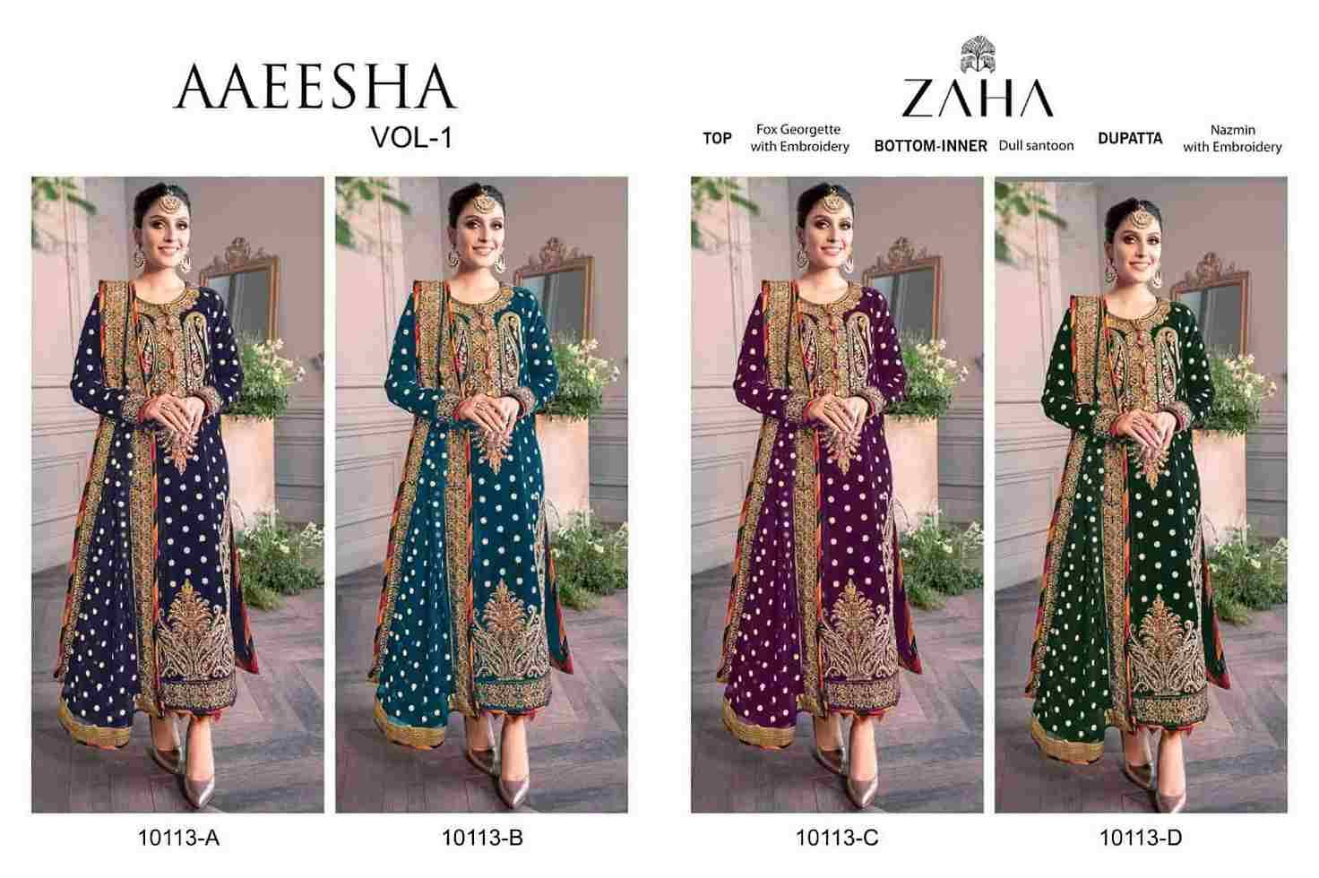 Aaeesha 10113 Colours By Zaha 10113-A To 10113-D Series Beautiful Pakistani Suits Colorful Stylish Fancy Casual Wear & Ethnic Wear Faux Georgette Embroidered Dresses At Wholesale Price