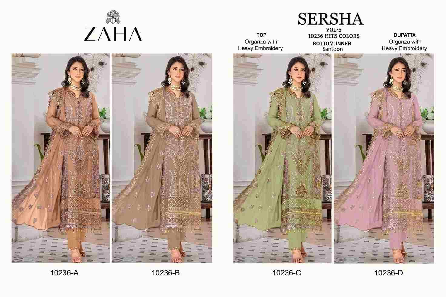 Sersha Vol-5 By Zaha 10236-A To 10236-D Series Beautiful Pakistani Suits Stylish Fancy Colorful Party Wear & Occasional Wear Organza Embroidered Dresses At Wholesale Price