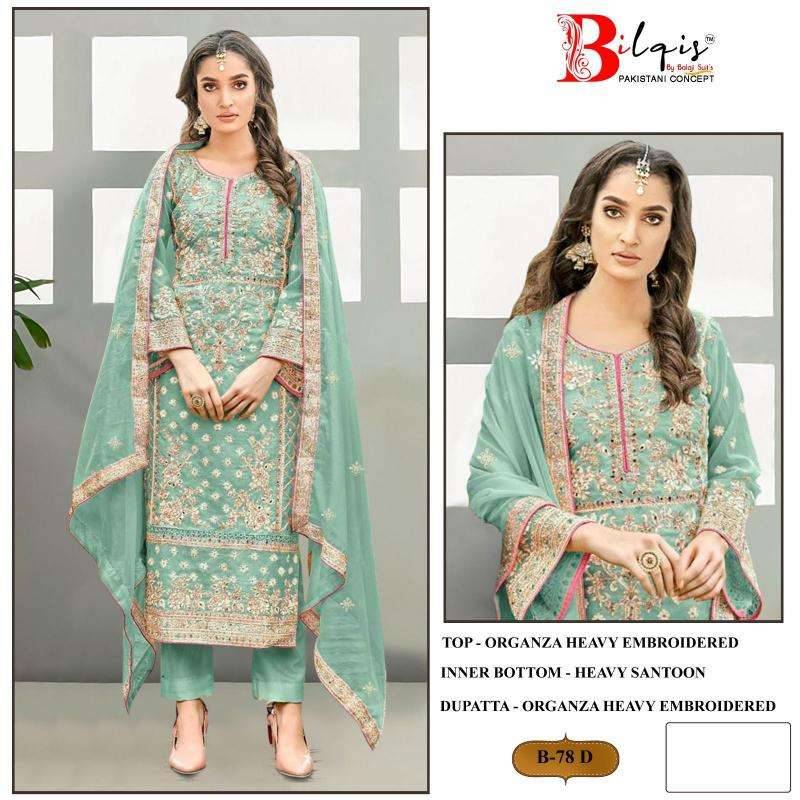 Bilqis 78 Colours By Bilqis 78-A To 78-D Series Beautiful Pakistani Suits Stylish Fancy Colorful Party Wear & Occasional Wear Organza Embroidery Dresses At Wholesale Price