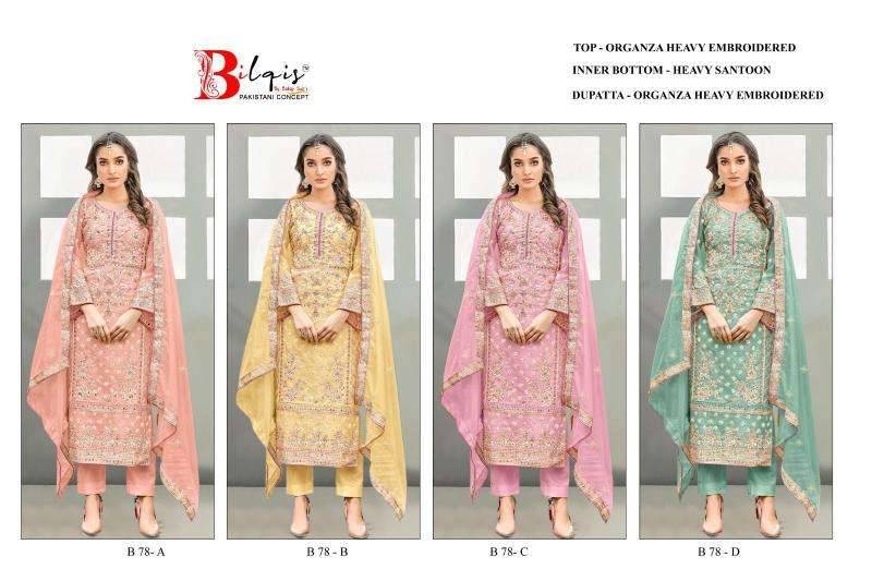 Bilqis 78 Colours By Bilqis 78-A To 78-D Series Beautiful Pakistani Suits Stylish Fancy Colorful Party Wear & Occasional Wear Organza Embroidery Dresses At Wholesale Price