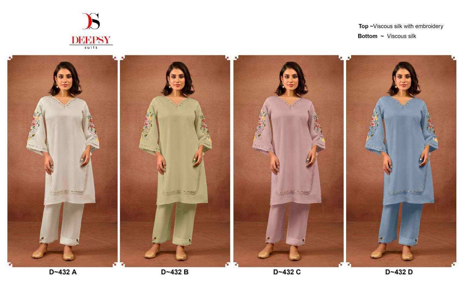 Deepsy Hit Design 432 Colours By Deepsy Suits 432-A To 432-D Series Designer Pakistani Suits Collection Beautiful Stylish Fancy Colorful Party Wear & Occasional Wear Viscose Silk Kurtis With Bottom At Wholesale Price