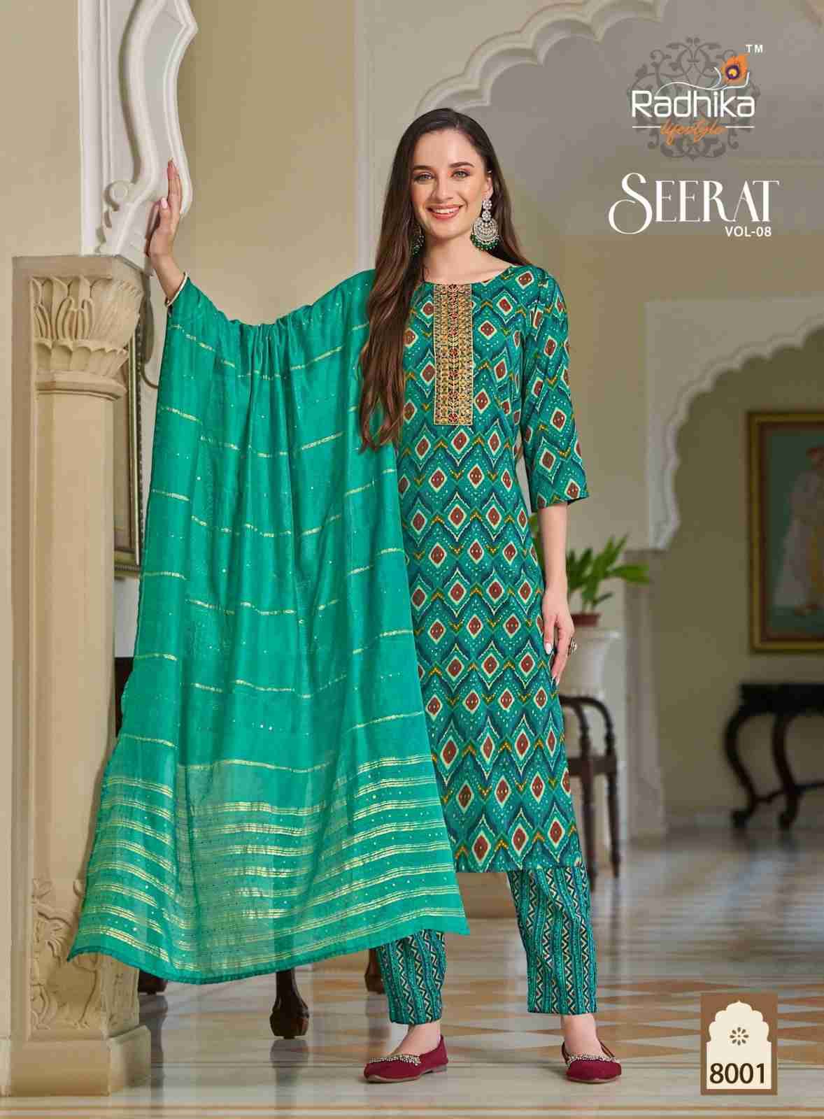 Seerat Vol-8 By Radhika Lifestyle 8001 To 8008 Series Designer Stylish Fancy Colorful Beautiful Party Wear & Ethnic Wear Collection Rayon Foil Print Dresses At Wholesale Price