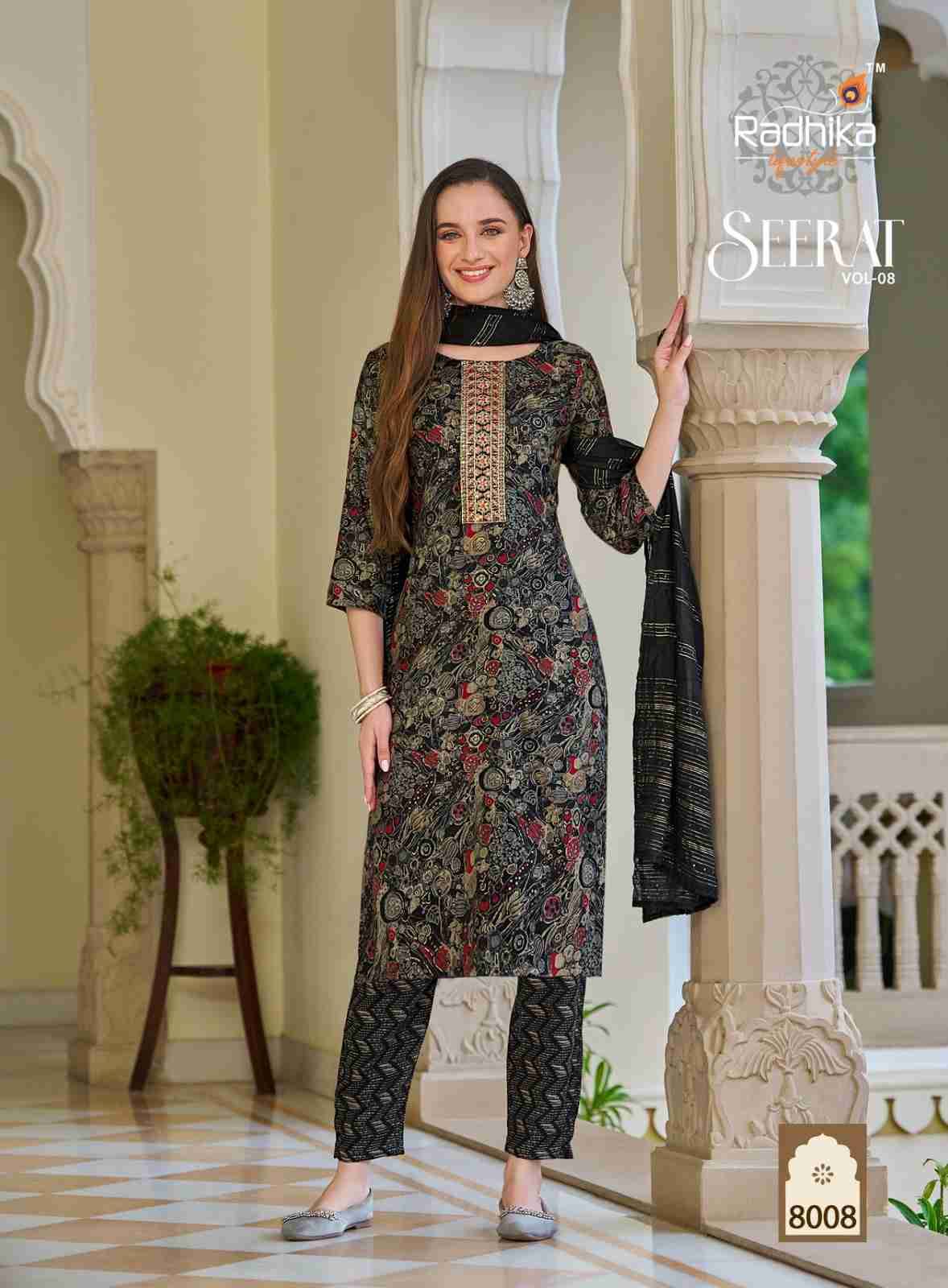 Seerat Vol-8 By Radhika Lifestyle 8001 To 8008 Series Designer Stylish Fancy Colorful Beautiful Party Wear & Ethnic Wear Collection Rayon Foil Print Dresses At Wholesale Price