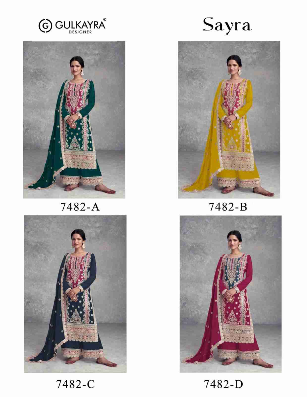 Sayra 7482 Colours By Gulkayra Designer 7482-A To 7482-D Series Beautiful Sharara Suits Colorful Stylish Fancy Casual Wear & Ethnic Wear Chinnon Dresses At Wholesale Price