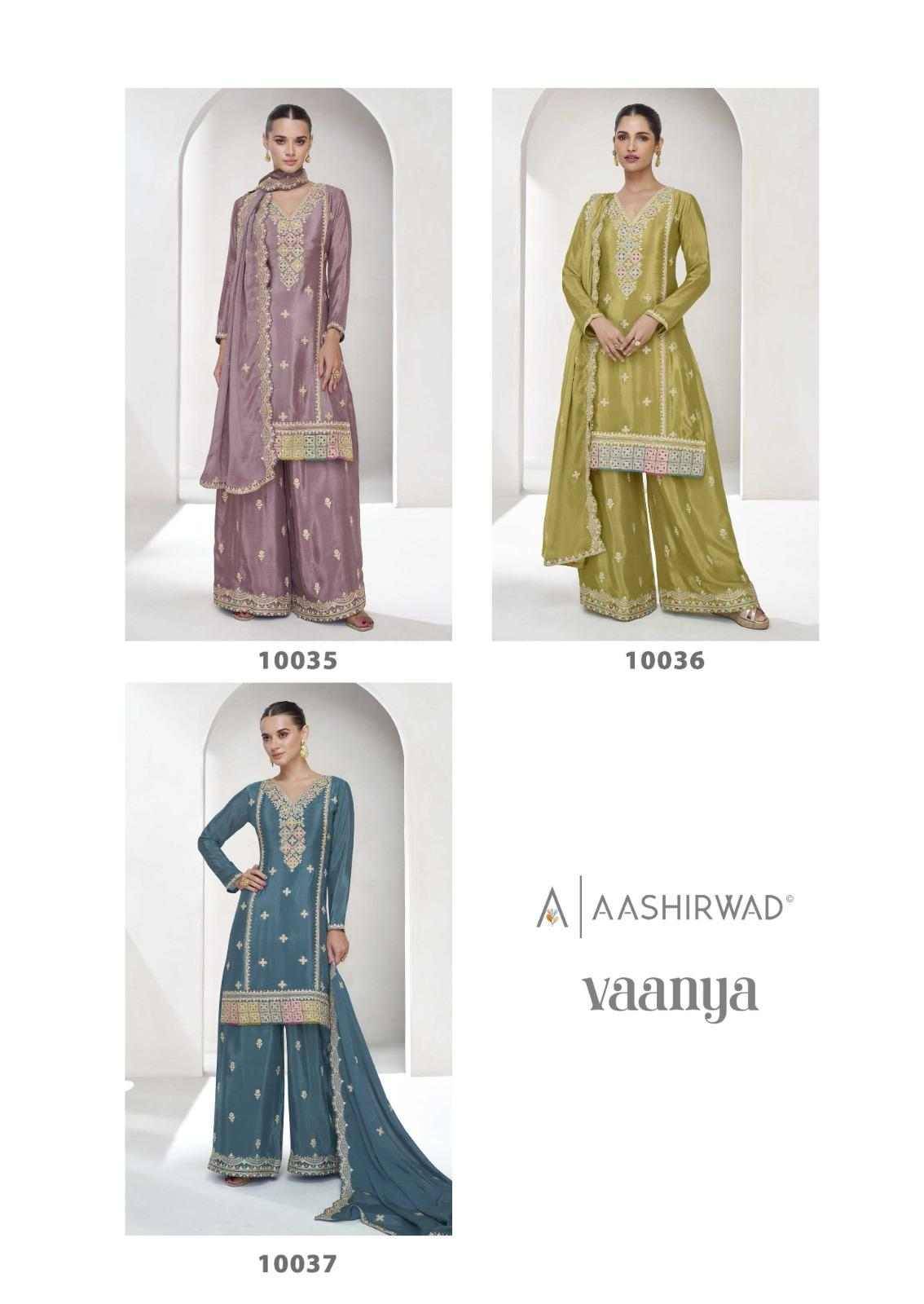 Vaanya By Aashirwad Creation 10035 To 10037 Series Beautiful Sharara Suits Colorful Stylish Fancy Casual Wear & Ethnic Wear Chinnon Silk Dresses At Wholesale Price