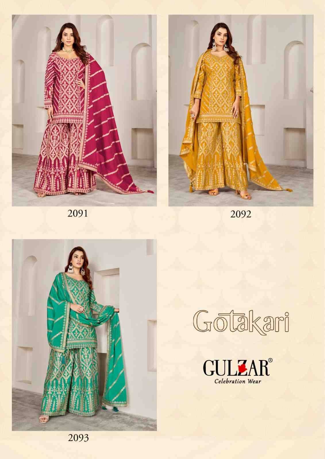 Gotakari By Gulzar 2091 To 2093 Series Beautiful Sharara Suits Colorful Stylish Fancy Casual Wear & Ethnic Wear Chinnon Dresses At Wholesale Price