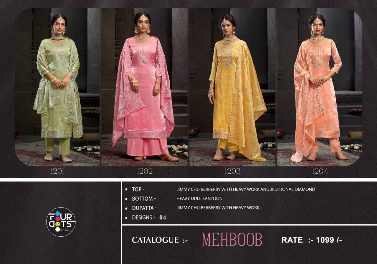 Mehboob By Four Dots 1201 To 1204 Series Beautiful Stylish Festive Suits Fancy Colorful Casual Wear & Ethnic Wear & Ready To Wear Jimmy Choo Dresses At Wholesale Price