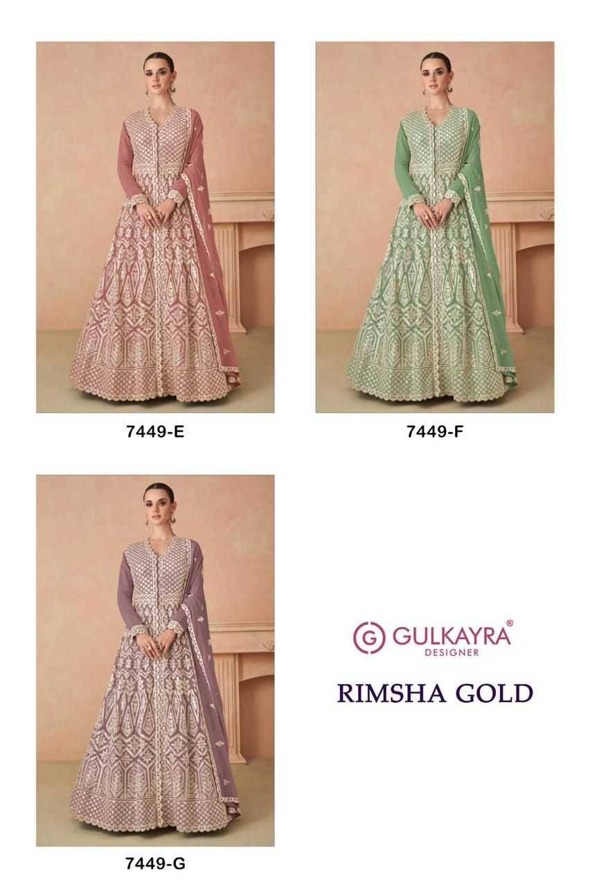 Rimsha Gold By Gulkayra Designer 7449-E To 7449-G Series Beautiful Sharara Suits Colorful Stylish Fancy Casual Wear & Ethnic Wear Georgette Dresses At Wholesale Price