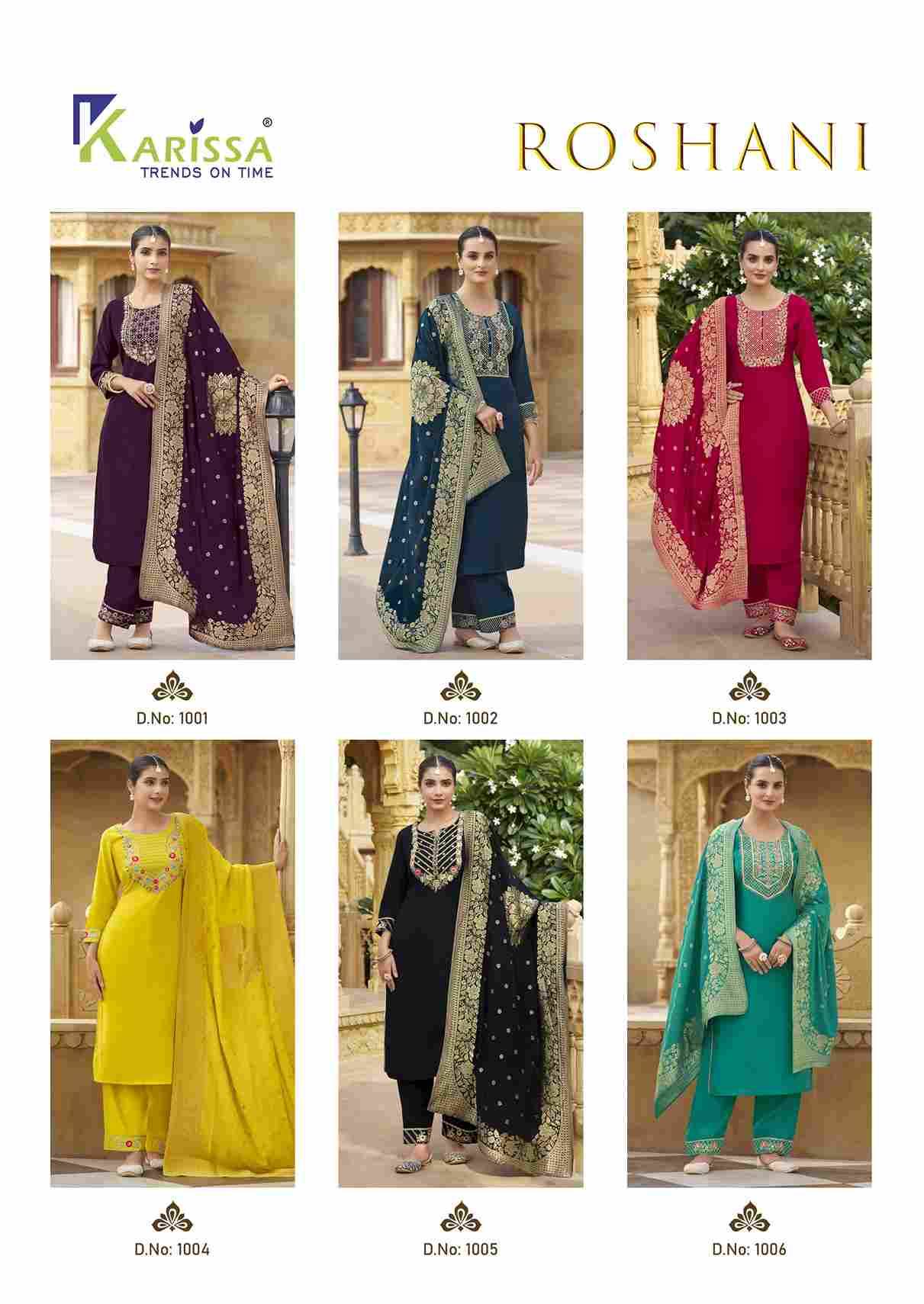 Roshani By Karissa 1001 To 1006 Series Beautiful Festive Suits Colorful Stylish Fancy Casual Wear & Ethnic Wear Viscose Silk With Work Dresses At Wholesale Price