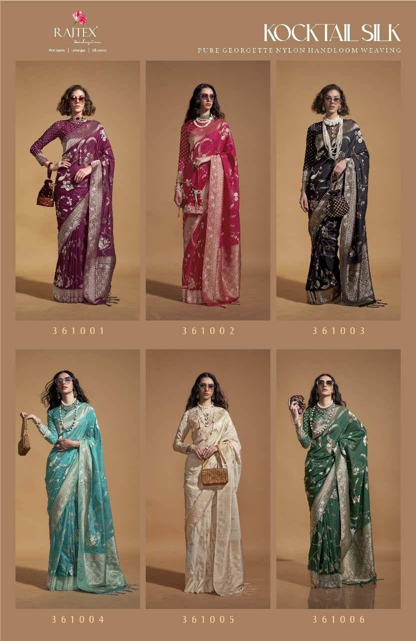 Kocktail Silk By Raj Tex 361001 To 361006 Series Indian Traditional Wear Collection Beautiful Stylish Fancy Colorful Party Wear & Occasional Wear Silk Georgette Sarees At Wholesale Price